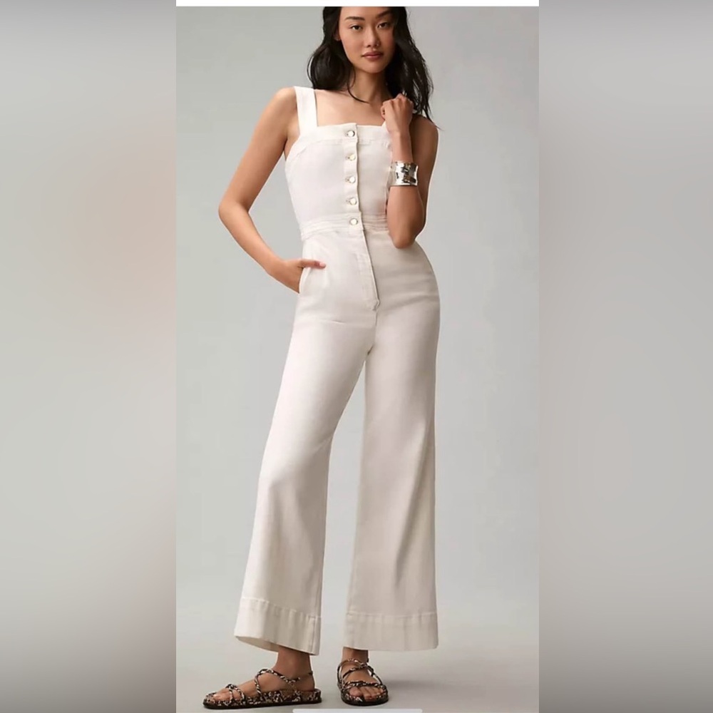 Anthropologie Maeve White Denim Square-Neck Wide-Leg Jumpsuit